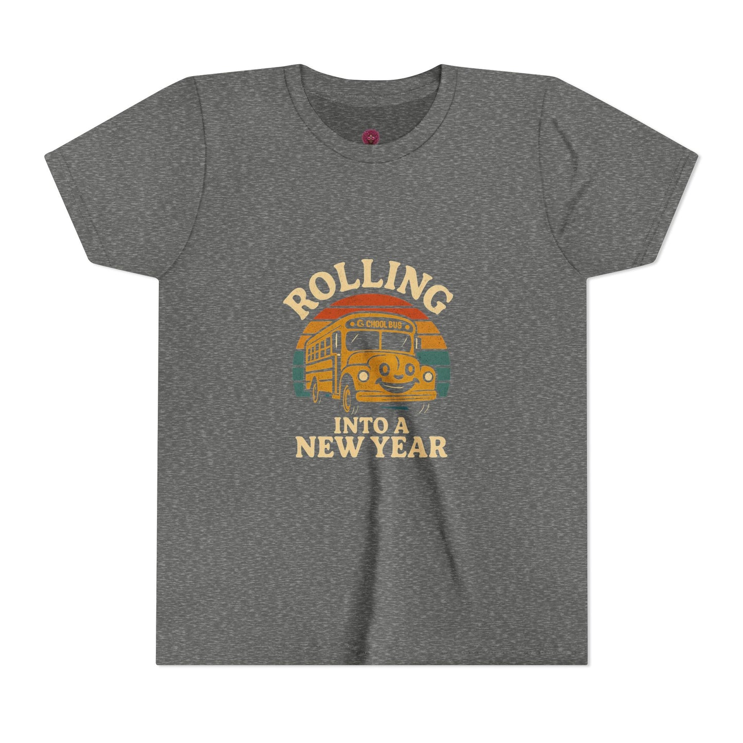 Retro Youth Short Sleeve Rolling Into New Year Tee - Cool Vintage Bus Design, Perfect for New Year, Gifts, Travel, Adventure