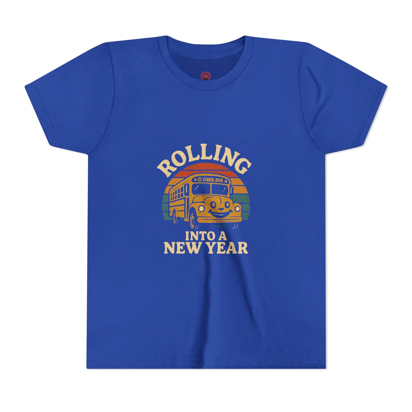Retro Youth Short Sleeve Rolling Into New Year Tee - Cool Vintage Bus Design, Perfect for New Year, Gifts, Travel, Adventure