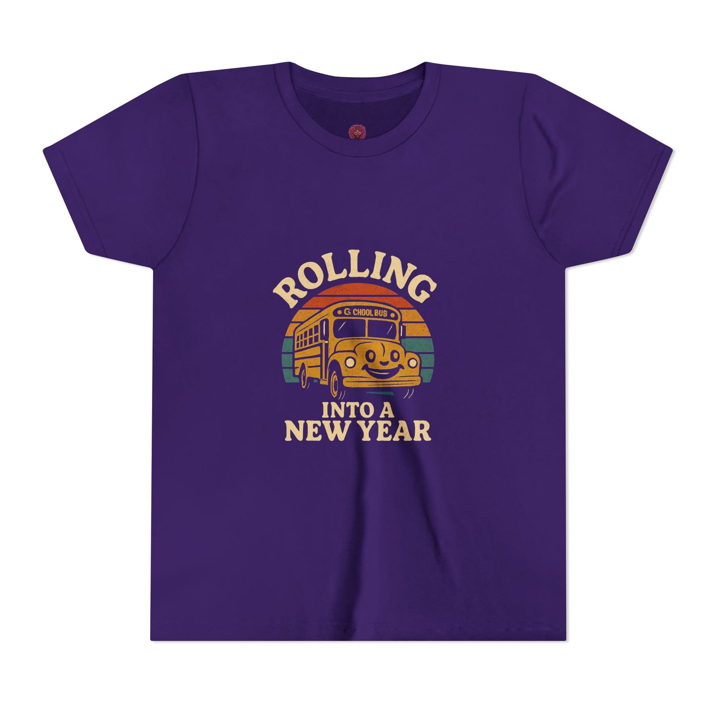 Retro Youth Short Sleeve Rolling Into New Year Tee - Cool Vintage Bus Design, Perfect for New Year, Gifts, Travel, Adventure