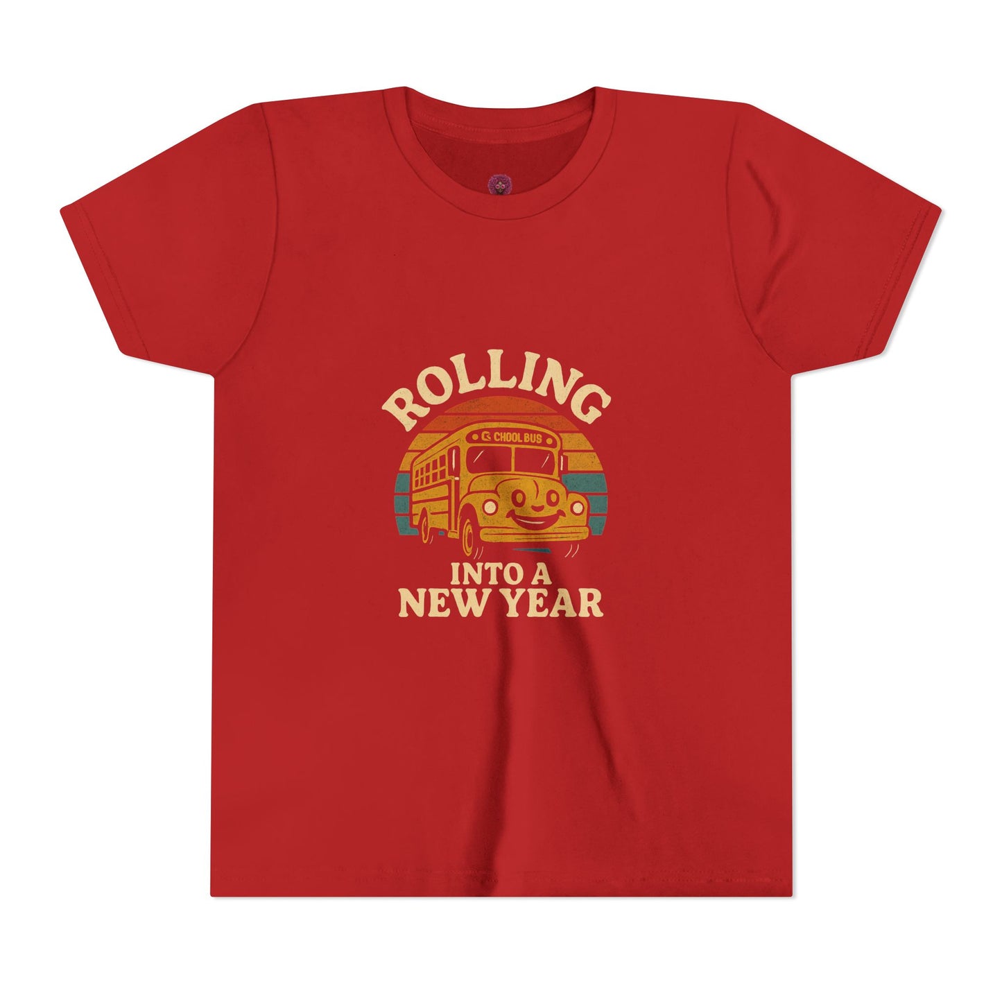 Retro Youth Short Sleeve Rolling Into New Year Tee - Cool Vintage Bus Design, Perfect for New Year, Gifts, Travel, Adventure