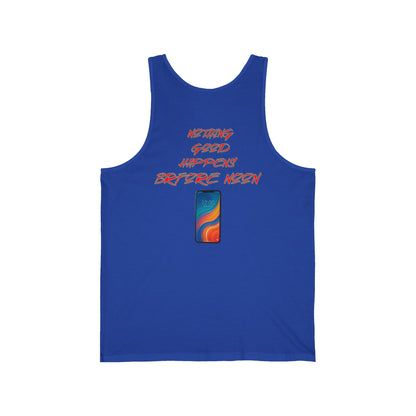 Nothing Good Happens Before Noon, Back Print Unisex Tank Top  | Casual Wear, Gift for Friends, Birthday Top, Everyday Comfort