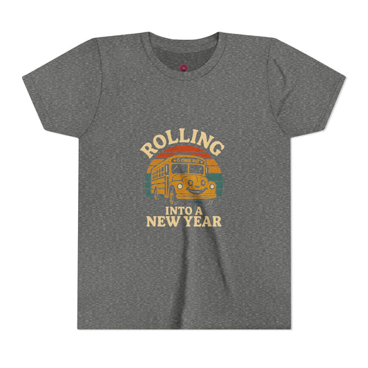 Retro Youth Short Sleeve Rolling Into New Year Tee - Cool Vintage Bus Design, Perfect for New Year, Gifts, Travel, Adventure