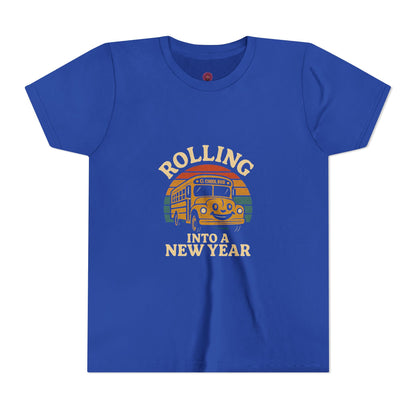 Retro Youth Short Sleeve Rolling Into New Year Tee - Cool Vintage Bus Design, Perfect for New Year, Gifts, Travel, Adventure