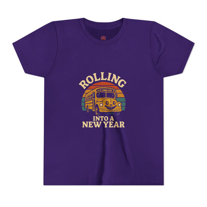 Retro Youth Short Sleeve Rolling Into New Year Tee - Cool Vintage Bus Design, Perfect for New Year, Gifts, Travel, Adventure