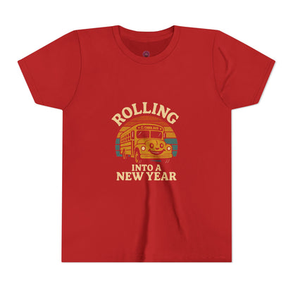 Retro Youth Short Sleeve Rolling Into New Year Tee - Cool Vintage Bus Design, Perfect for New Year, Gifts, Travel, Adventure