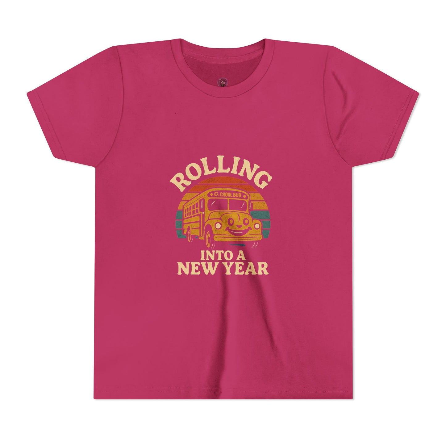 Retro Youth Short Sleeve Rolling Into New Year Tee - Cool Vintage Bus Design, Perfect for New Year, Gifts, Travel, Adventure