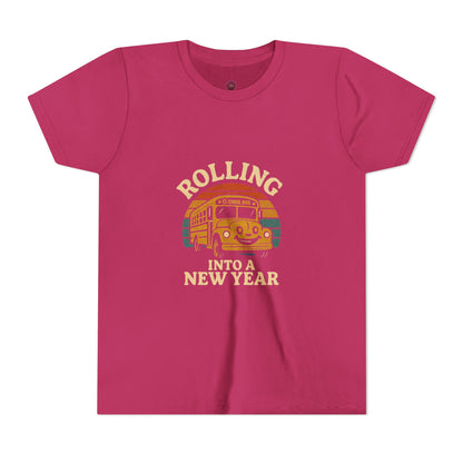 Retro Youth Short Sleeve Rolling Into New Year Tee - Cool Vintage Bus Design, Perfect for New Year, Gifts, Travel, Adventure
