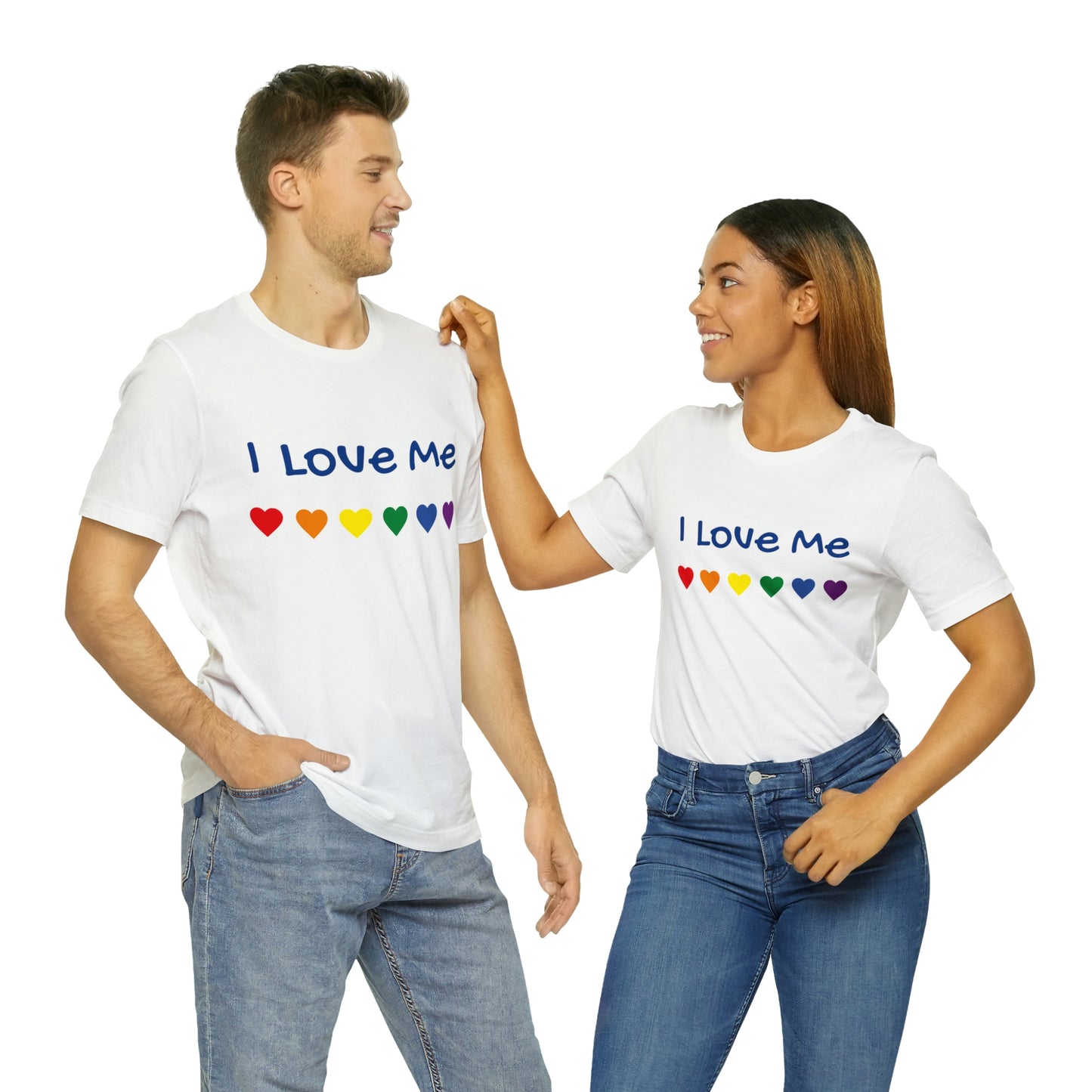 A couple wearing a high-quality cotton tee with a unisex fit that says I love Me.