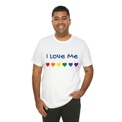 A classic unisex tee with a man wearing the "I Love Me" t-shirt.