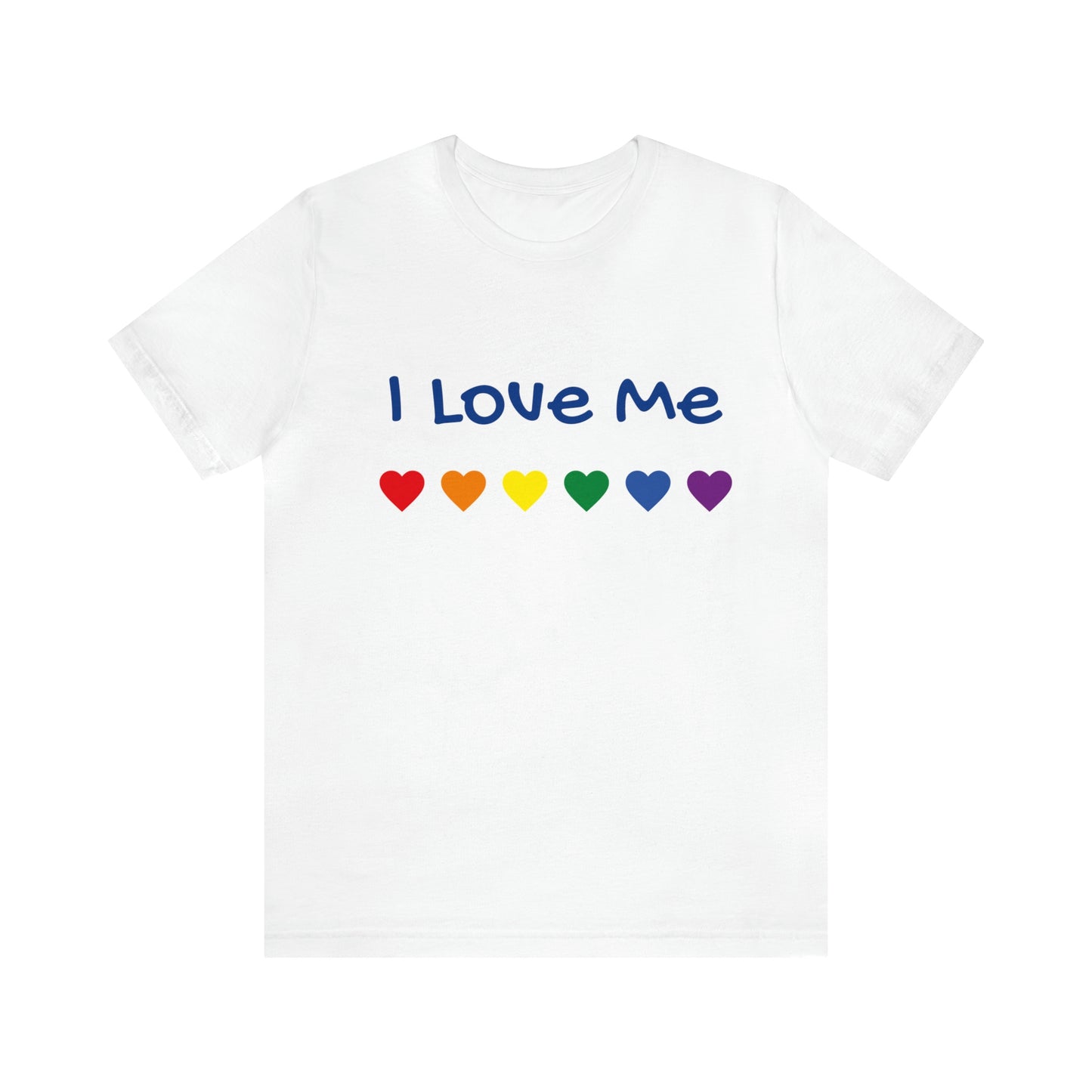 A classic unisex white "I love Me" t-shirt with a quality print of rainbow hearts.