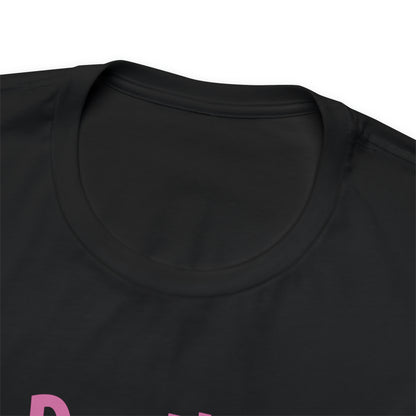 A classic unisex black t-shirt with a pink logo on it, made from soft cotton called "DO NOT PUT ME IN A BOX".