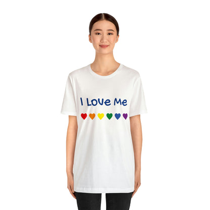 A woman wearing the "I love Me" soft cotton tee with a quality print of rainbow colors.