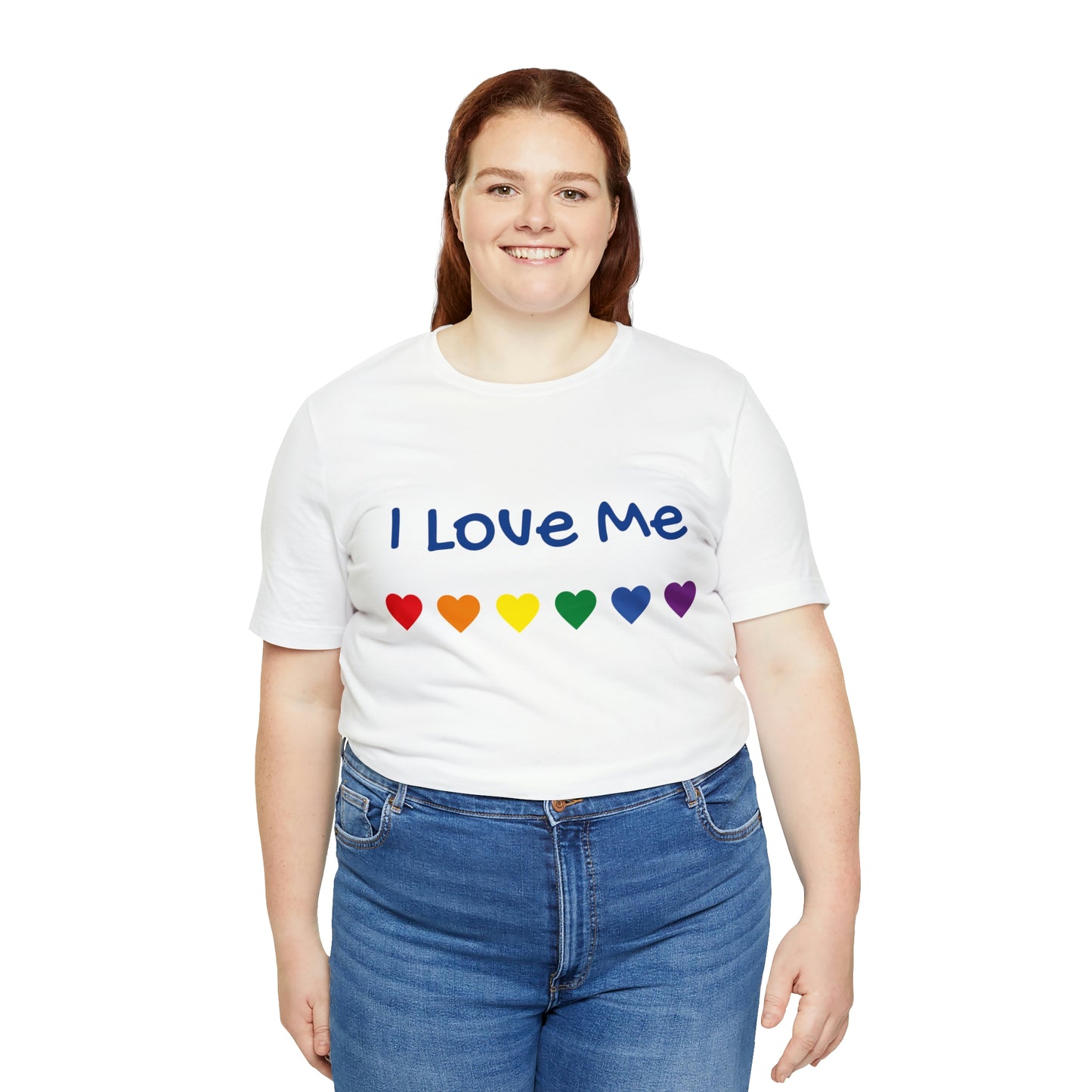 A woman in a high-quality cotton tee with the I love Me printed slogan.